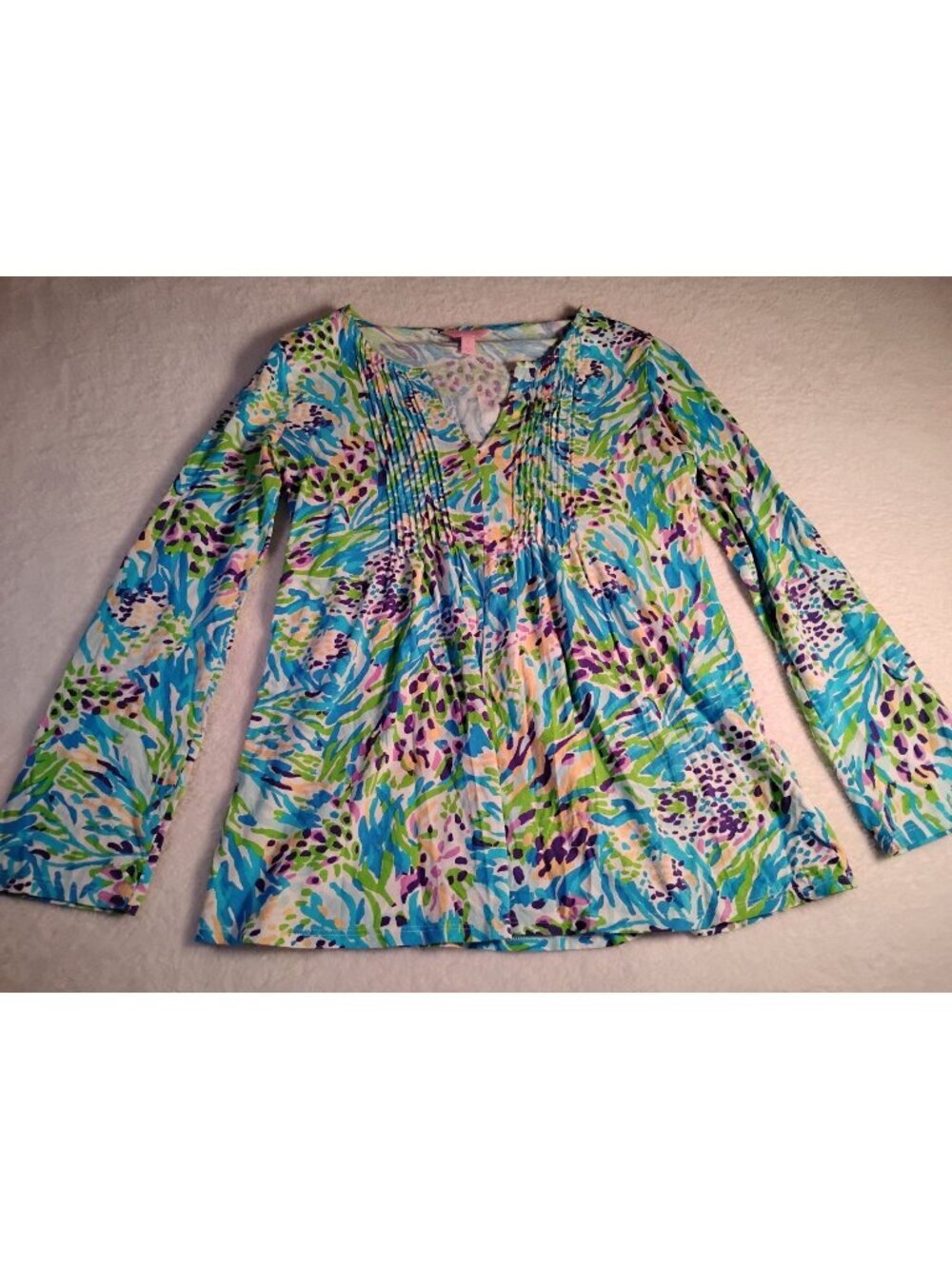 Lilly Pulitzer Top Floral Pintucked Pullover Flared Roll Tab Sleeve Size S
